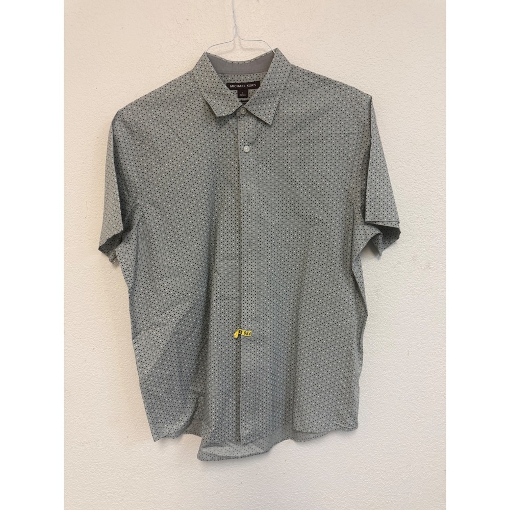 Michael Kors Mens Large Grey Navy Polka Dot Short Sleeve Button Down Shirt L
